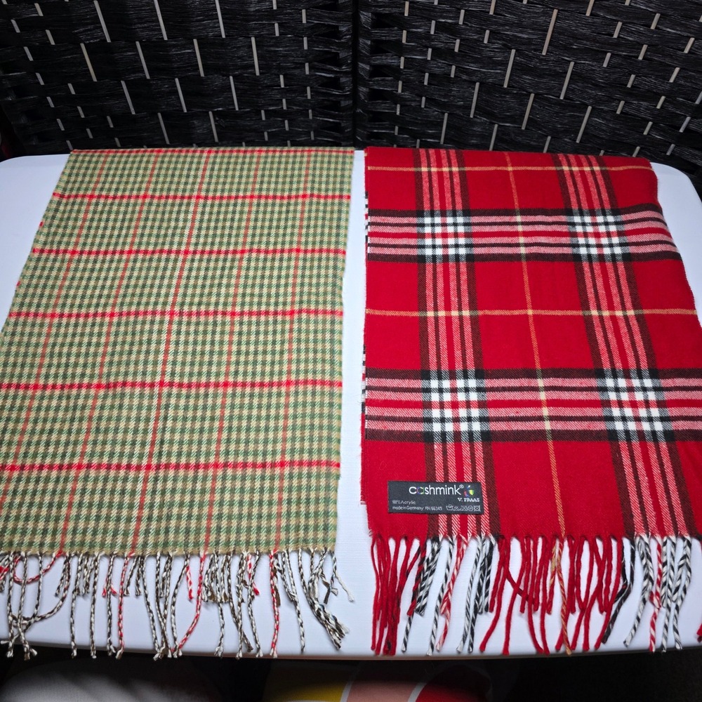 V. Fraas Cashmink Scarf Set Red Plaid Green Houndstooth Made in Germany OS‎